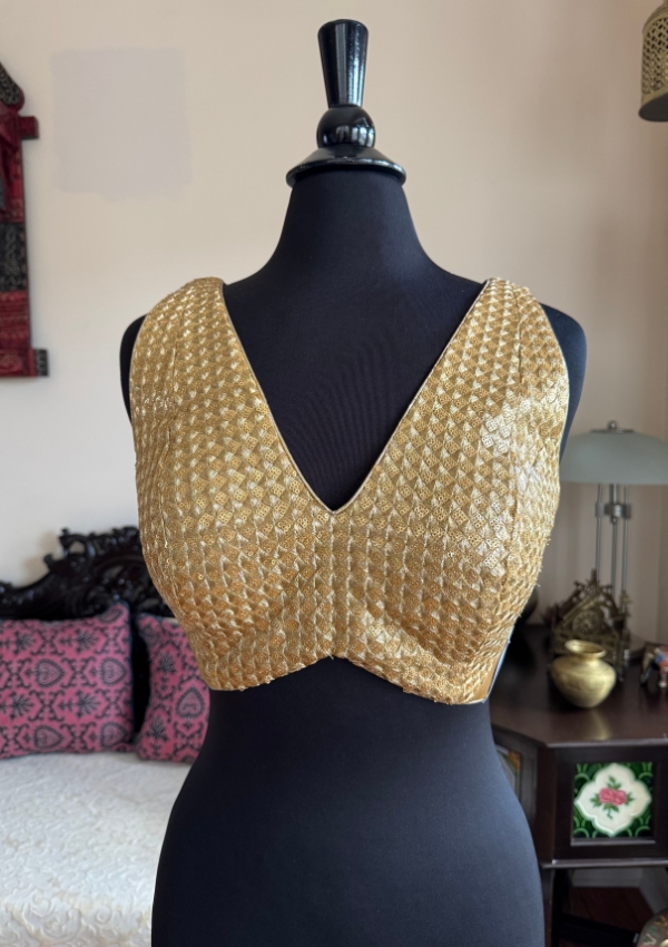 Golden Textured V-Neck Party Blouse